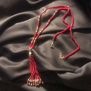 Vintage Red and Gold Beaded with Beaded Tassel Necklace